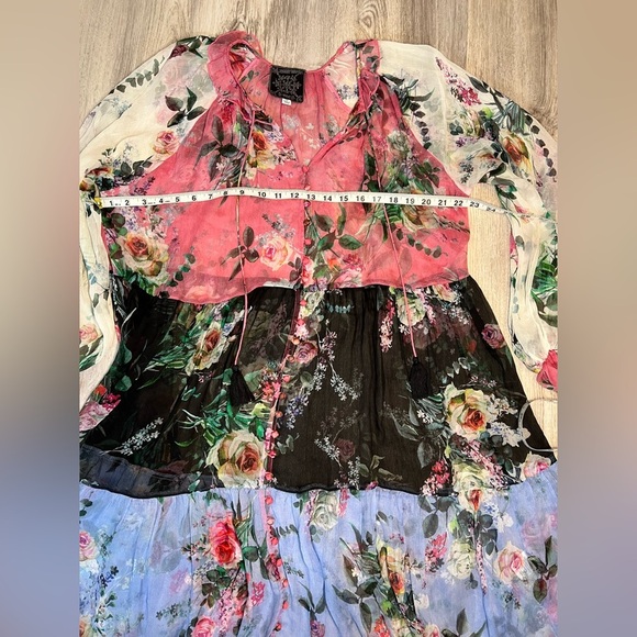 Johnny Was Jade Silk Floral Blouse Peasant Boho Button Tie Front Tunic‎ Top /M - Picture 6 of 9